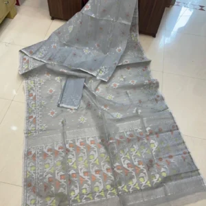 Woven Jamdani Cotton Silk Saree (Silver Gray)