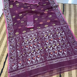 Woven Jamdani Cotton Silk Saree (Wine)